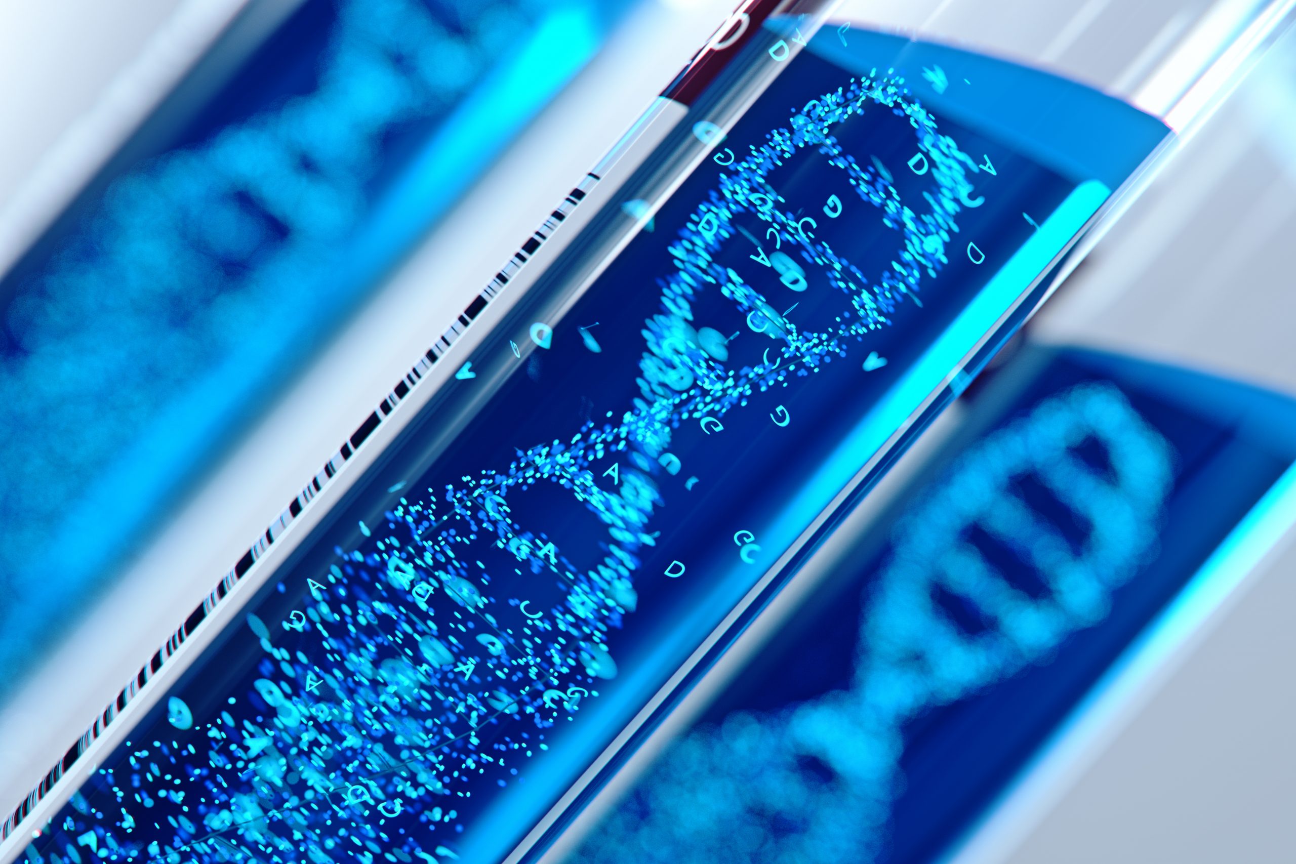 Molecule of DNA forming inside the test tube equipment.3d rendering,conceptual image.