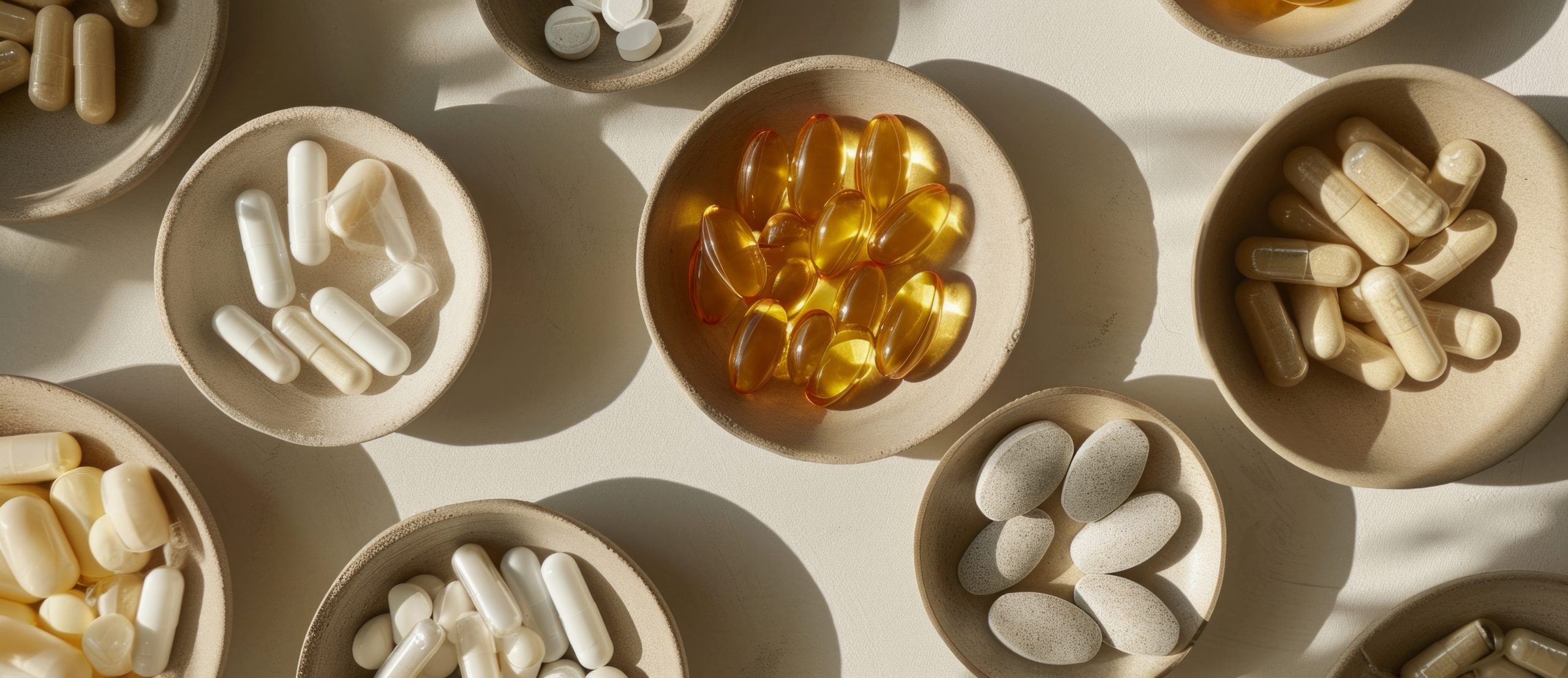 Assorted supplements in ceramic dishes, a modern tableau of health and wellness